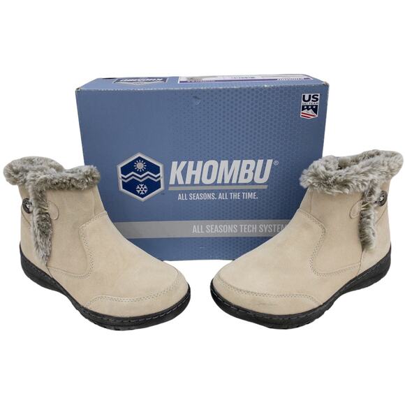 Khombu Cream Tan Water Resistant  Women's Suede Fur Lined Winter  Ankle Boots - Picture 1 of 9